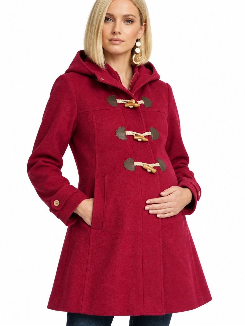 Kimi + Kai Maternity Wool Blend Toggle Hooded Coat Red Large